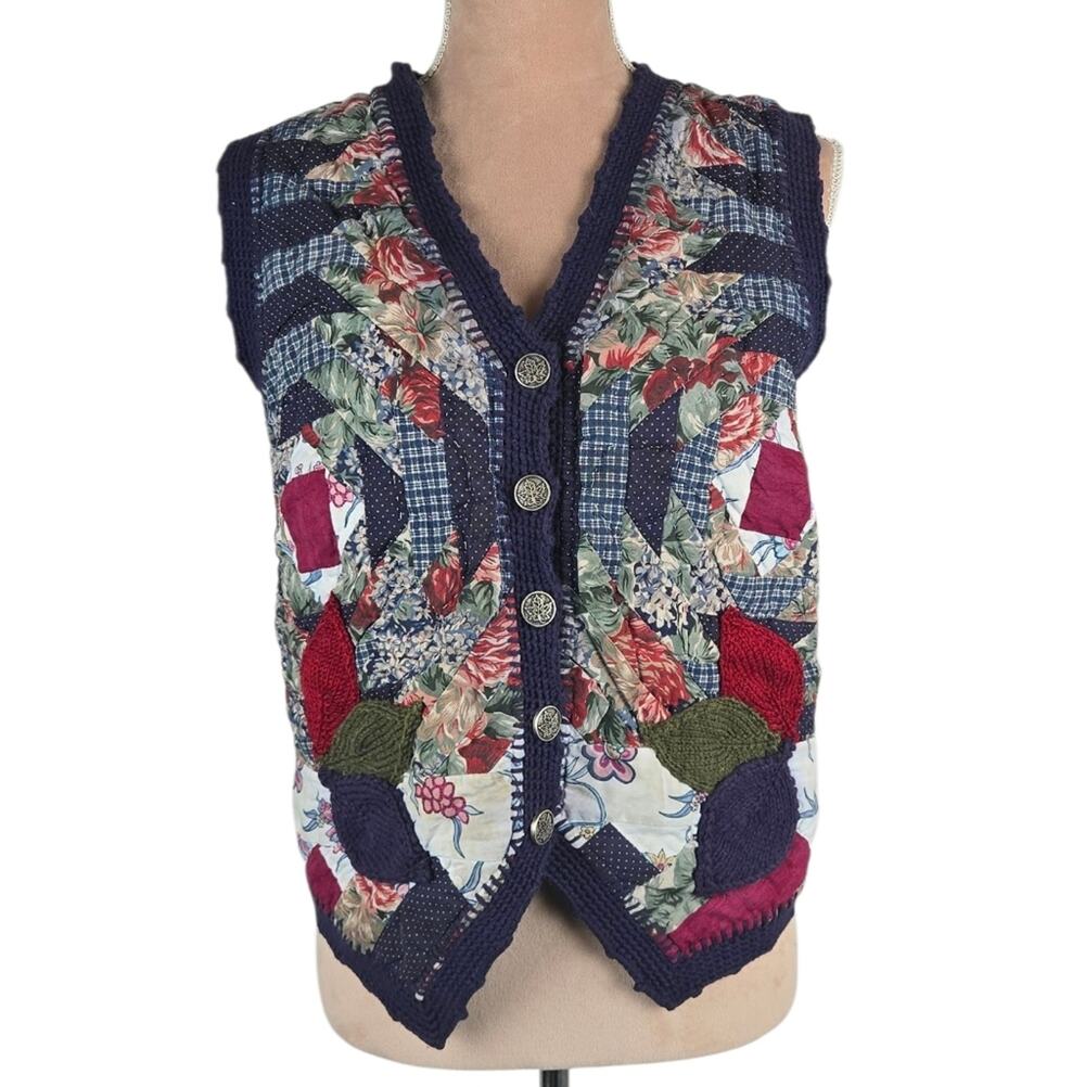 Quiltnits Handmade Quilted Patchwork Applique Knit Vest Multicolor Small